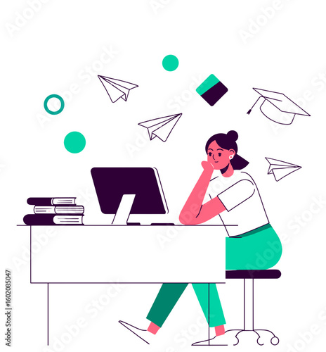 A Student Daydreaming of Graduation While Studying Online