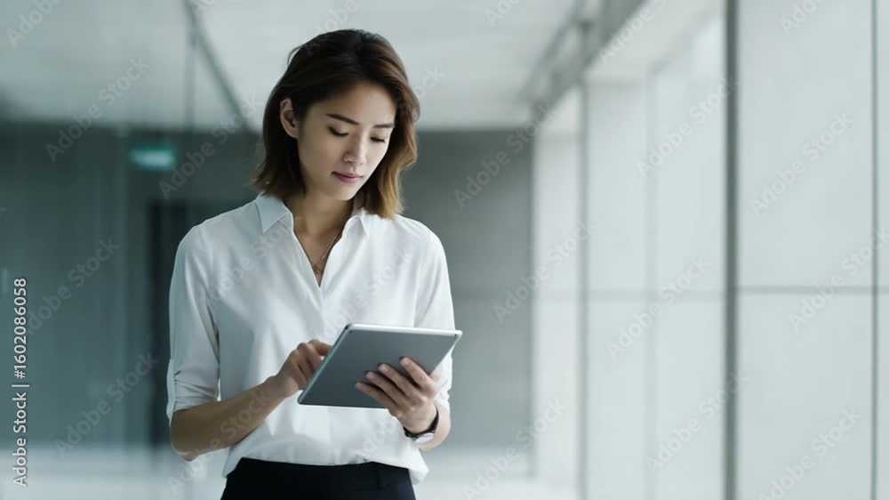 Digital Work: A focused professional woman engages with her tablet device in a modern, minimalist office setting, embodying productivity and tech integration. Digital Work: A focused professional woman engages with her tablet device in a modern, minimalist office setting, embodying productivity and tech integration.