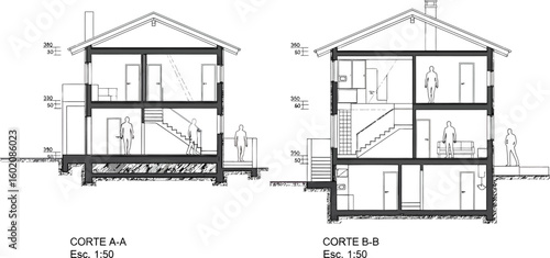 Architectural cross section and elevation drawings of a two story house