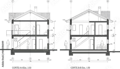 Architectural cross section drawings of a two story house with attic