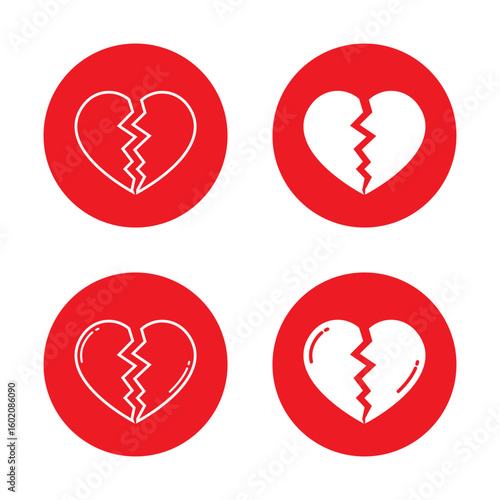 Broken heart icon set in red circle. Outline heartbreak symbol. Love breakup and emotional pain concept