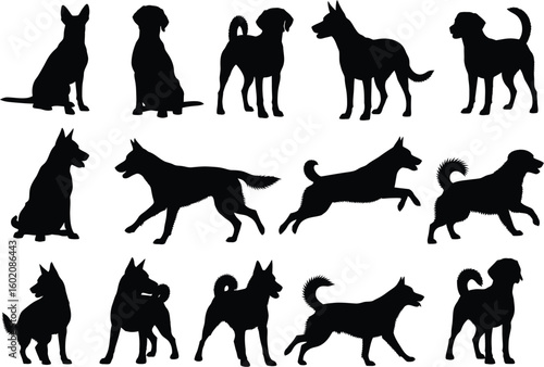 Collection of dog silhouettes in various poses and breeds
