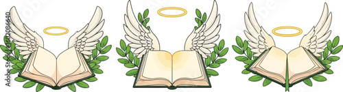 Find holy book illustration with angel wings and halo for religious education design needs