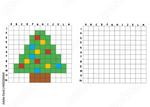 Pixel art Christmas tree worksheet for kids with blank grid for drawing practice.