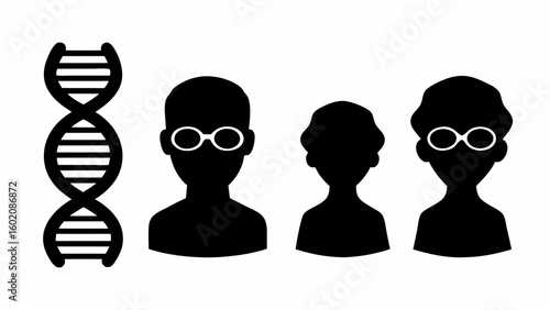 Illustration of a dna strand next to three silhouetted figures with varying hairstyles and eyeglasses style