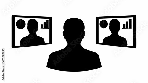 Silhouette of person facing forward with two screens displaying graphs and silhouette figures on either side
