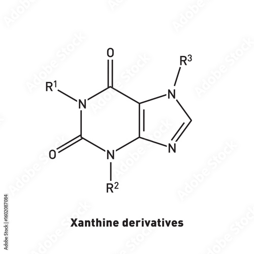 Structural formula of xanthine derivatives. Chemicals. Concentration. Arousal. Addiction. Dependence. Caffeine. Bronchodilators. Asthma.