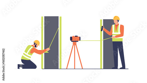 Two construction workers measuring with laser level between two columns on a construction site area