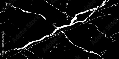 "A striking, high-contrast black and white abstract pattern resembling fractured glass or lightning bolts across a dark sky, emphasizing sharp lines and dynamic tension."