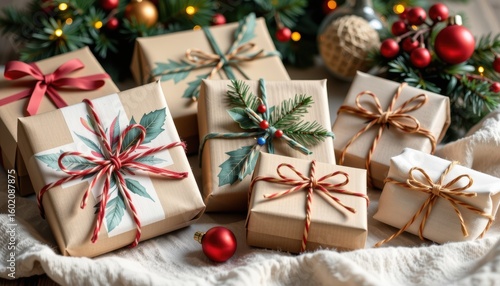 Festively wrapped gifts with holiday decorations on a cozy surface.