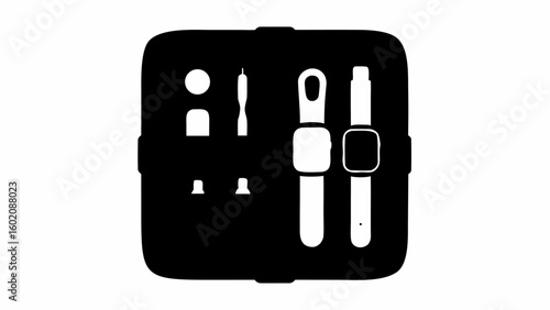 Black case containing two smart watches with bands and additional watch accessories neatly arranged