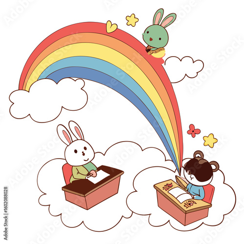 Cheerful Classroom in the Clouds with Rainbow Vector Illustration for Education