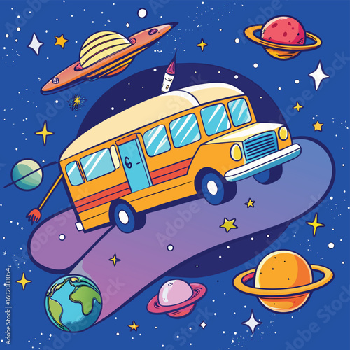 Magical School Bus Soaring Through a Vibrant Galaxy Illustration Design
