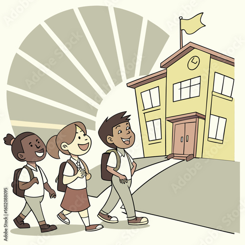 Cheerful Classroom in the Clouds with Rainbow Vector Illustration for Education