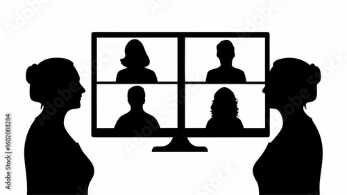 Silhouettes of two women facing a screen showing a video conference with four participants online call