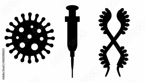 Illustration of a virus, vaccine syringe, and dna strand with leaves representing medical science concepts