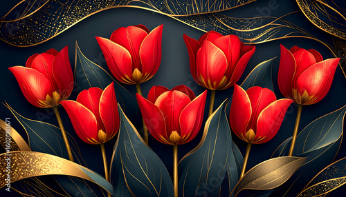 Red Tulips with Gold Frame, and Dark Background.