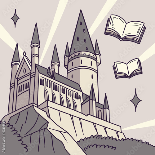 Fantasy School Castle with Floating Chalk and a Cat Illustration