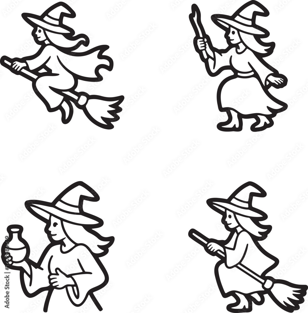 Fototapeta premium Set of Witch Outline vector illustration isolated On Transparent Background