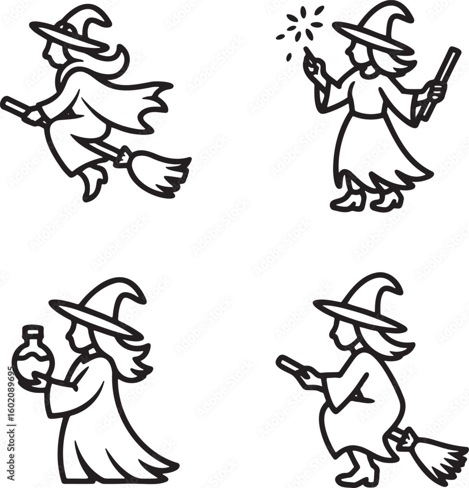 Fototapeta premium Set of Witch Outline vector illustration isolated On Transparent Background