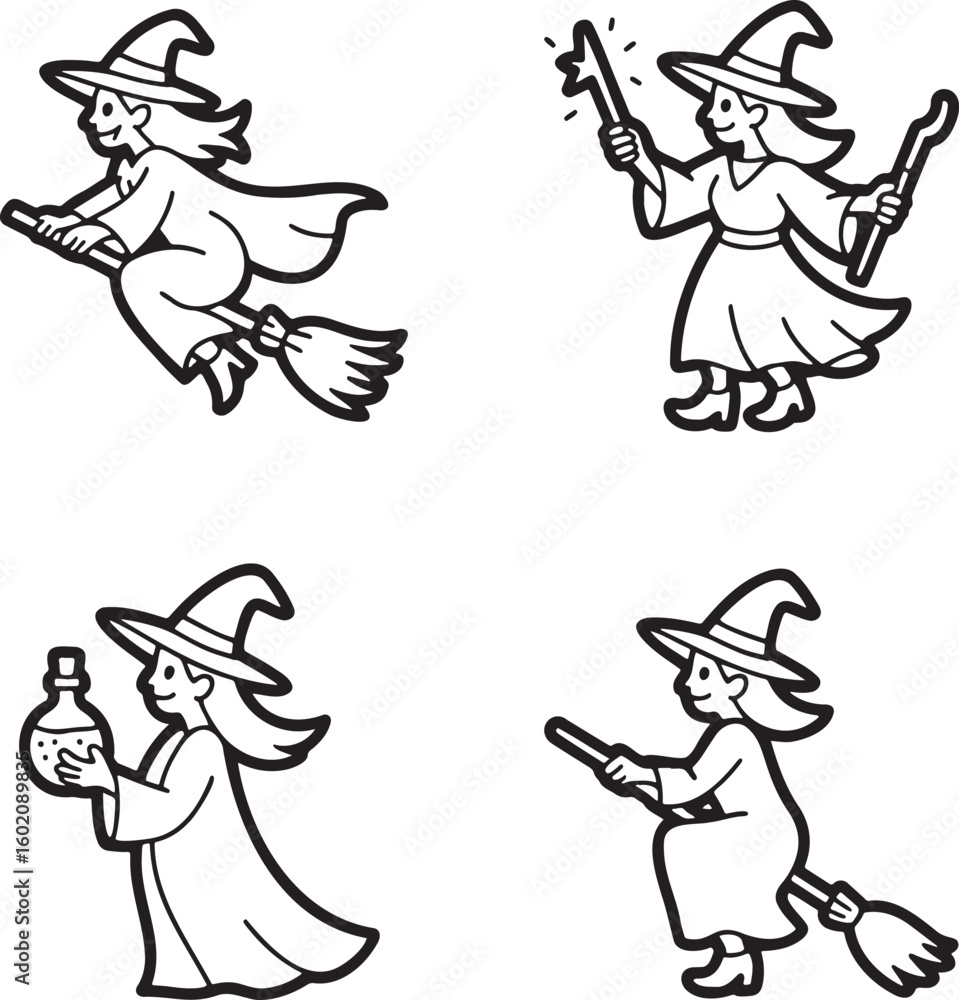 Fototapeta premium Set of Witch Outline vector illustration isolated On Transparent Background