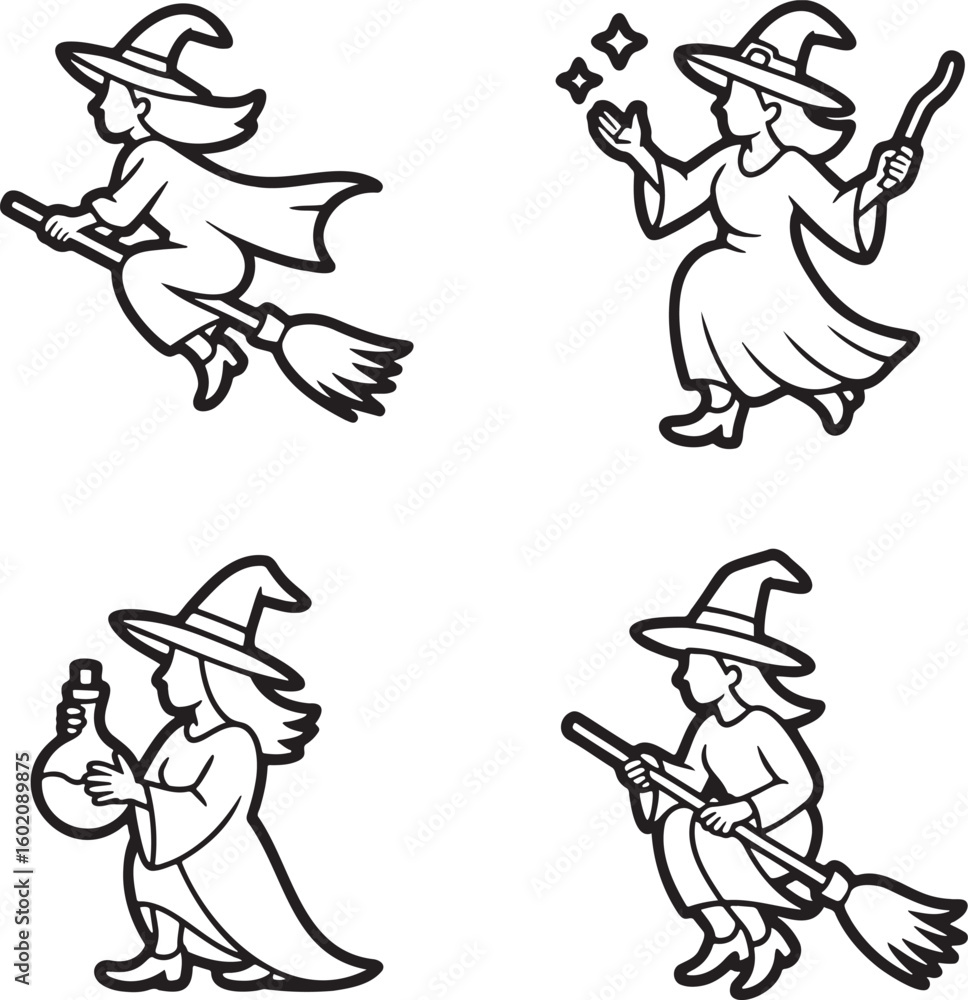 Naklejka premium Set of Witch Outline vector illustration isolated On Transparent Background