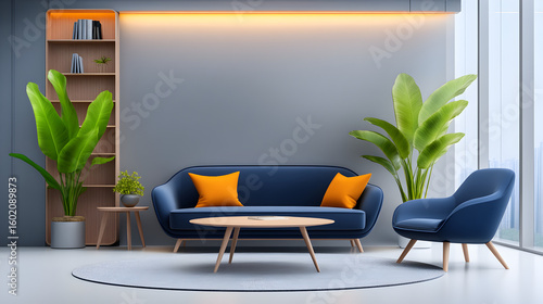 Modern interior design of apartment. Cozy living room with blue sofa, coffee tables, bookshelf and armchairs