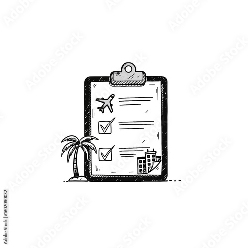 Hand-drawn checklist for travel planning, featuring airplane, palm tree, and building icons.