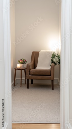 A tranquil  inviting home sanctuary featuring a plush leather armchair  soft throw  flickering candle  and fresh flowers  perfect for peaceful relaxation.