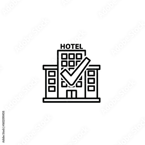 Approved hotel building, confirmed reservation, lodging, checkmark.