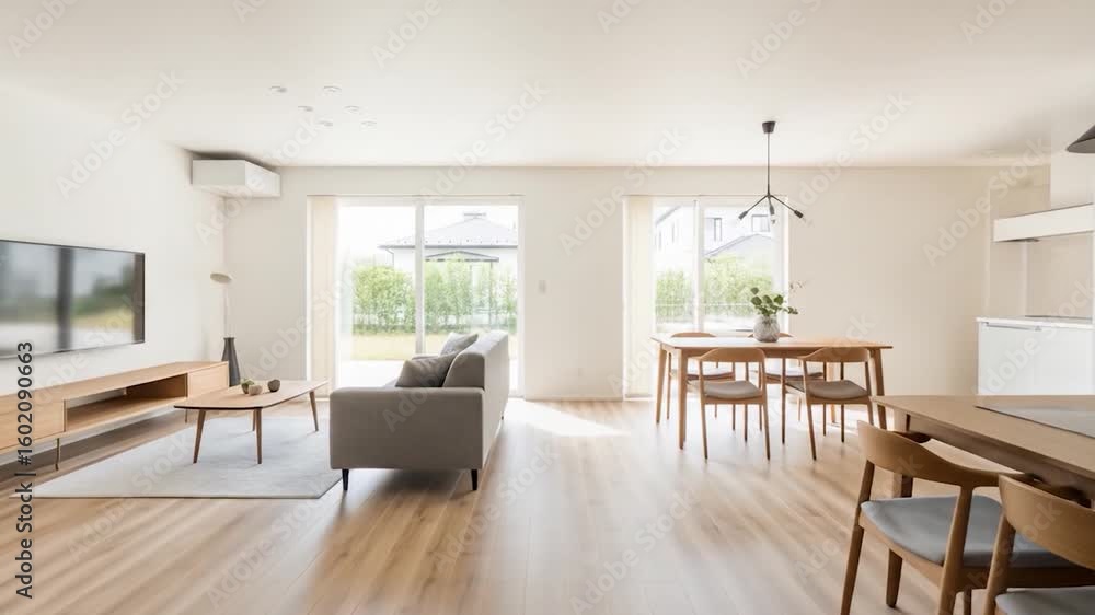 Bright, Modern Home Interior: Open Living Space with Dining Area and Natural Light Bright, Modern Home Interior: Open Living Space with Dining Area and Natural Light