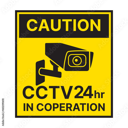 CCTV-1-4. 24 hour CCTV surveillance zone sticker on square yellow background. CCTV installation zone. CCTV sticker.