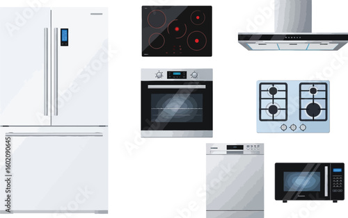 Modern kitchen appliances set refrigerator oven dishwasher microwave cooktop and range hood isolated