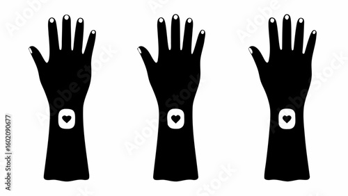 Three black hands with white nail polish and heart shaped wrist tattoos on a white background image