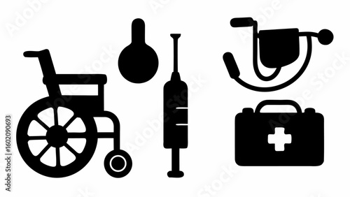 Illustration showing a wheelchair, enema, syringe, medical equipment and first aid kit icon set