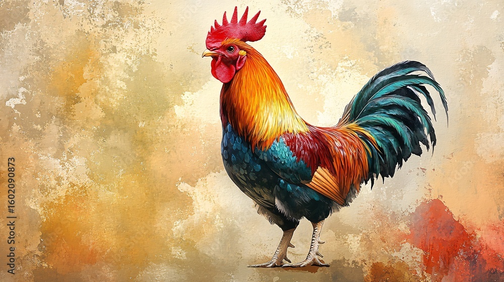 Fototapeta premium Vibrant rooster on textured background.