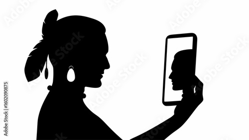 Silhouette of woman with feather and earring holding phone displaying male profile silhouette image