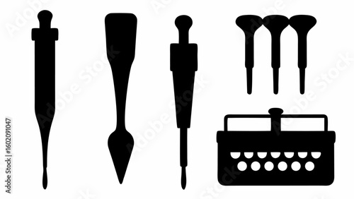Illustration of various black silhouette tools including screwdrivers and a toolbox on white backdrop