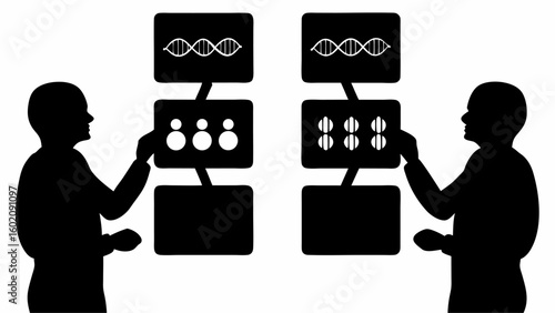 Two silhouetted figures interacting with dna and data displays in a comparative analysis setting shown