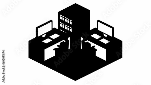 Isometric view of a black office space with desks computers and a central server rack in silhouette