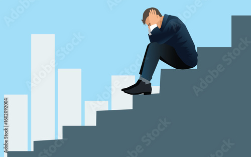 Unhappy young business man sit on stairs feel distressed with job loss or failure. Upset male stressed with life or business problems, look for solution. Vector illustration.
