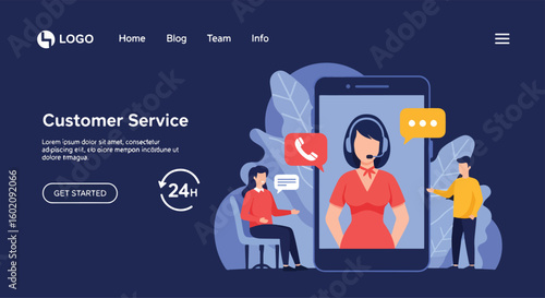 Adobe illustrator artwork of a customer service landing page featuring friendly support agents assisting customers via phone and chat within a large smartphone interface, emphasizing 24/7 assistance