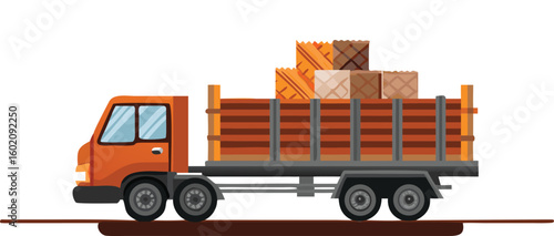 Orange flatbed truck carrying multiple wooden crates on a brown surface against a white background