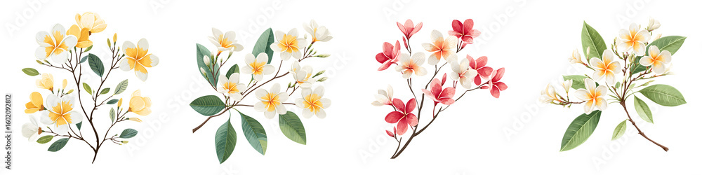 Fototapeta premium Tropical Plumeria Flower Watercolor Collection Isolated on White