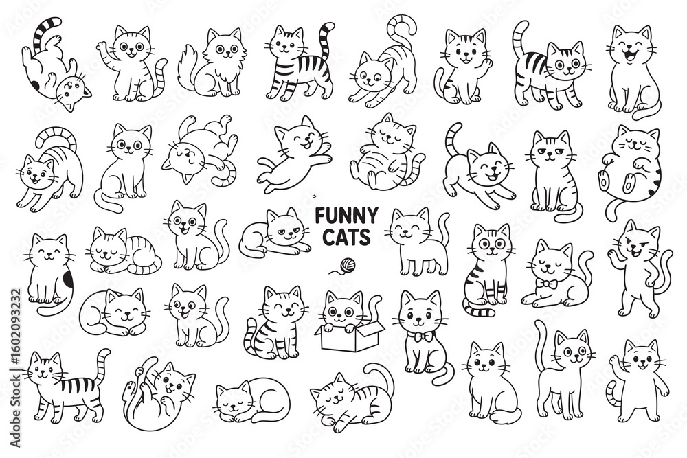 Fototapeta premium Cute cat in different poses symbols, doodle vector illustration