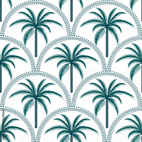 Seamless palm tree pattern featuring tropical botanical elements. This design is perfect for summer.	
