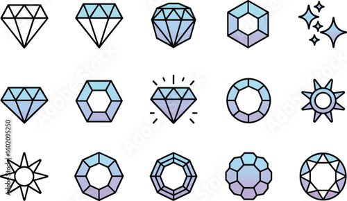 collection of fifteen stylish gem and star icons in various shapes including diamonds, hexagons, outlines, and filled designs for jewelry, decorative, and graphic design visuals