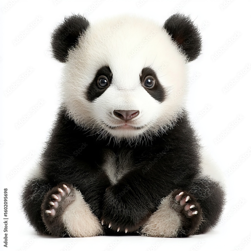 Naklejka premium A cute baby panda sitting and looking at the viewer with a playful expression.