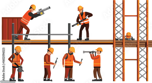 Illustration of construction workers on scaffolding performing various building tasks at a construction site