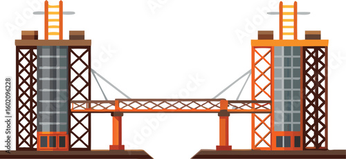 Illustration of a bridge under construction with two towers and a central span structure in orange